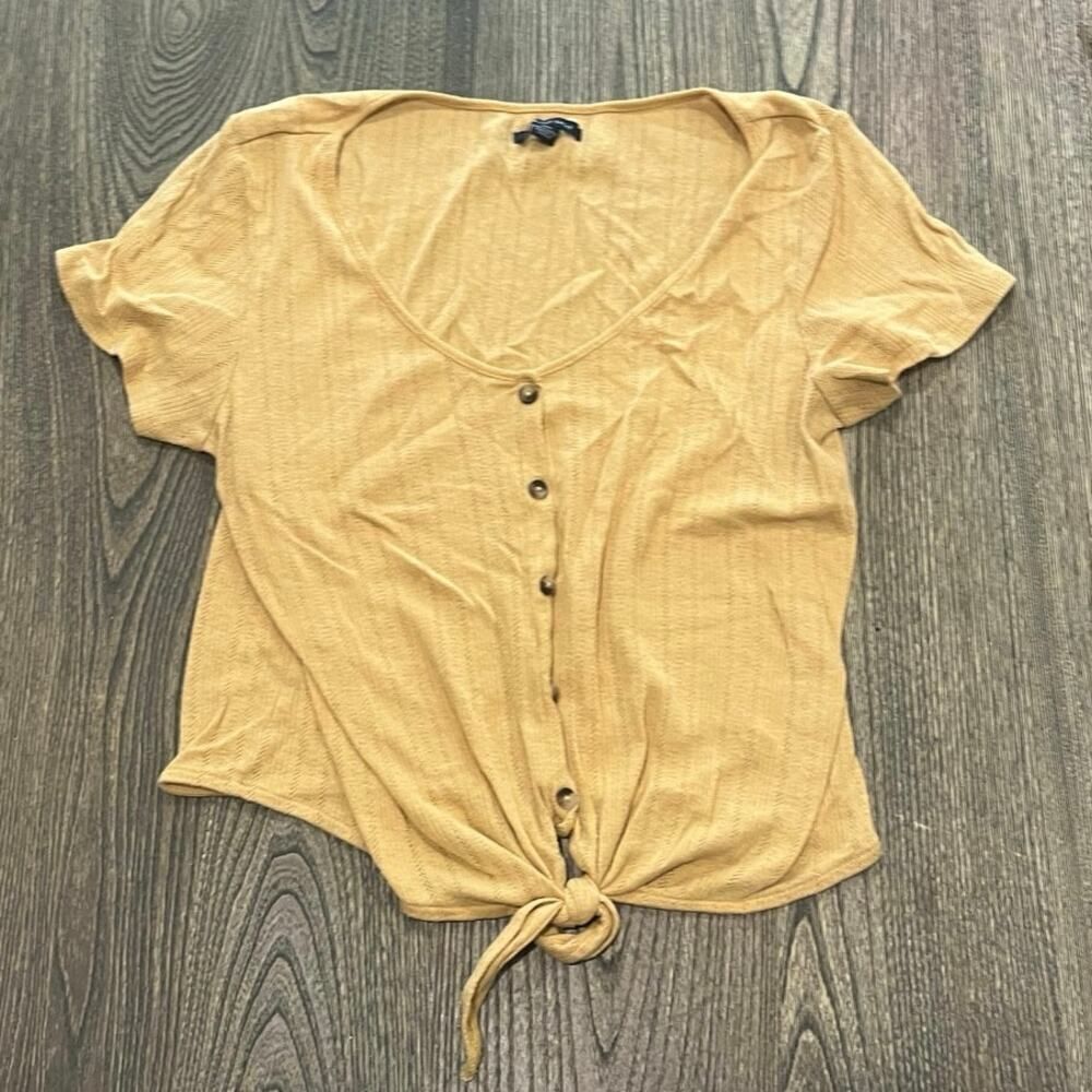 American Eagle Button-Up Short Sleeve Scoop Neck Blouse Tie Front Yellow Size L